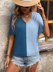 SHEIN LUNE Two Tone Twist Tie Back Batwing Sleeve Tee - Blue - View 4