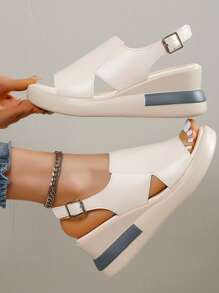 女士厚底厚底凉鞋，夏季软皮露趾时尚运动鞋高跟坡跟鞋，2025 年新款夏季款式 - 米色 - 查看 1