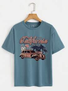 INAWLY Car And Letter Graphic Tee - Dusty Blue - View 1