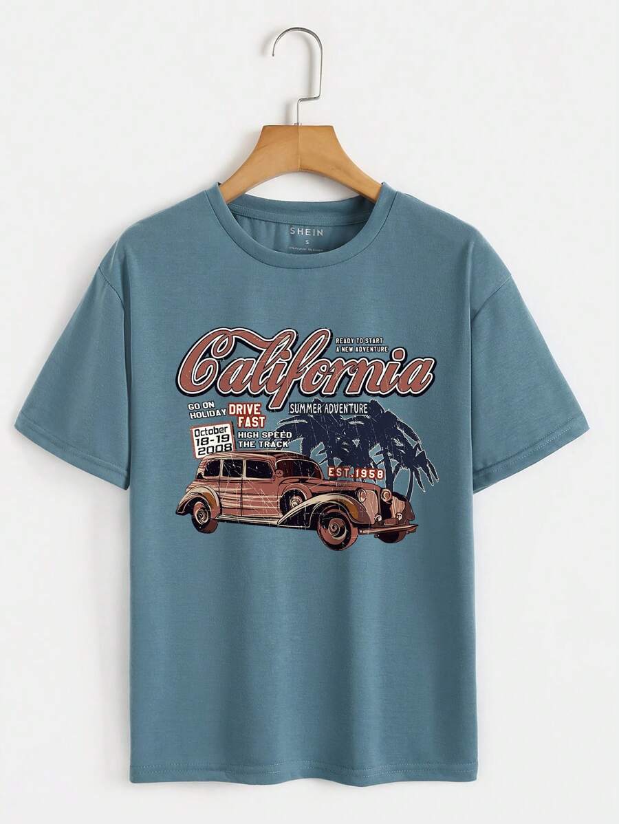INAWLY Car And Letter Graphic Tee - Dusty Blue - View 1