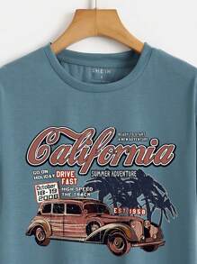 INAWLY Car And Letter Graphic Tee - Dusty Blue - View 3
