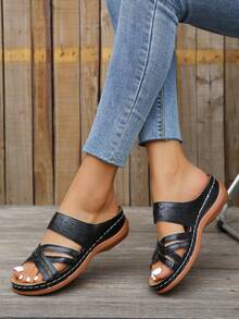 優雅坡跟涼鞋適用於女士鏤空設計交叉帶涼鞋 - 黑色 - 查看 2