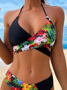 SHEIN Swim Summer Tropical Print Wrap Halter Bikini Top - Black - View 1