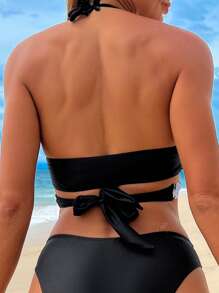 SHEIN Swim Summer Tropical Print Wrap Halter Bikini Top - Black - View 2