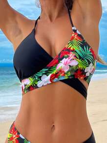 SHEIN Swim Summer Tropical Print Wrap Halter Bikini Top - Black - View 4