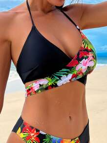 SHEIN Swim Summer Tropical Print Wrap Halter Bikini Top - Black - View 5