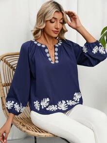 SHEIN LUNE Blusa tropical con bordado de cuello notch de manga farol - Azul Marino - Ver 3
