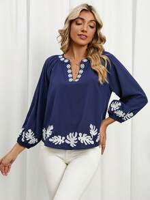 SHEIN LUNE Blusa tropical con bordado de cuello notch de manga farol - Azul Marino - Ver 4