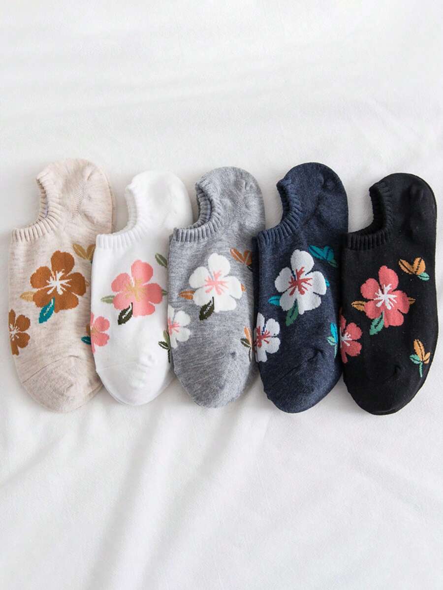 5雙女士花卉圖案時尚短襪適用於日常 - 彩色 - 查看 1
