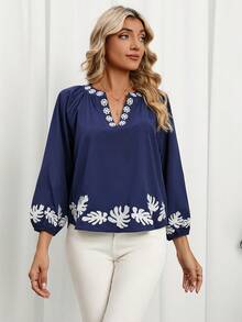 SHEIN LUNE Blusa tropical con bordado de cuello notch de manga farol - Azul Marino - Ver 6