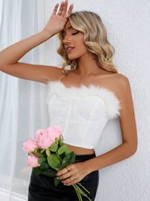 SHEIN BAE Fuzzy Trim Tube Top - White - View 1