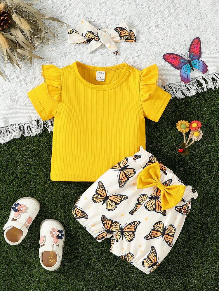 Baby Girl Ruffle Trim Tee & Butterfly Print Bow Front Shorts & Accessory Headband