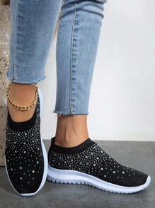 運動跑步鞋適合女士,水鑽裝飾針織細節一腳蹬運動鞋 - 黑色 - 查看 5