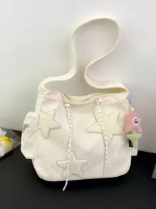 1piece 撞色灯芯绒星星装饰单肩包，大容量斜挎包，防盗拉链，适合时尚文艺青年当校园背包，节日礼物潮流星星印花女包，潮流星星镂空女包 - 米色 - 查看 7