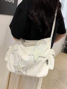 1piece 撞色灯芯绒星星装饰单肩包，大容量斜挎包，防盗拉链，适合时尚文艺青年当校园背包，节日礼物潮流星星印花女包，潮流星星镂空女包 - 米色 - 查看 6