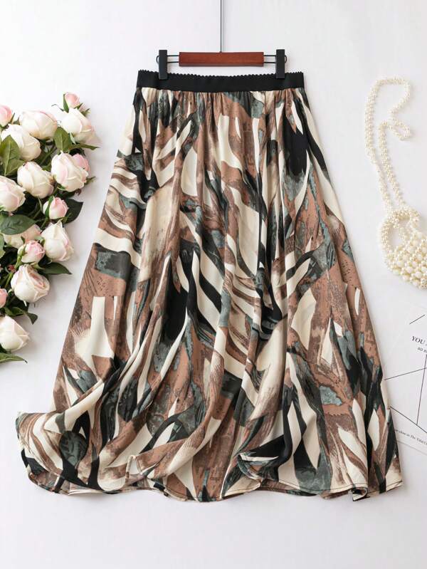 SHEIN LUNE Plus Allover Print Elastic Waist Skirt