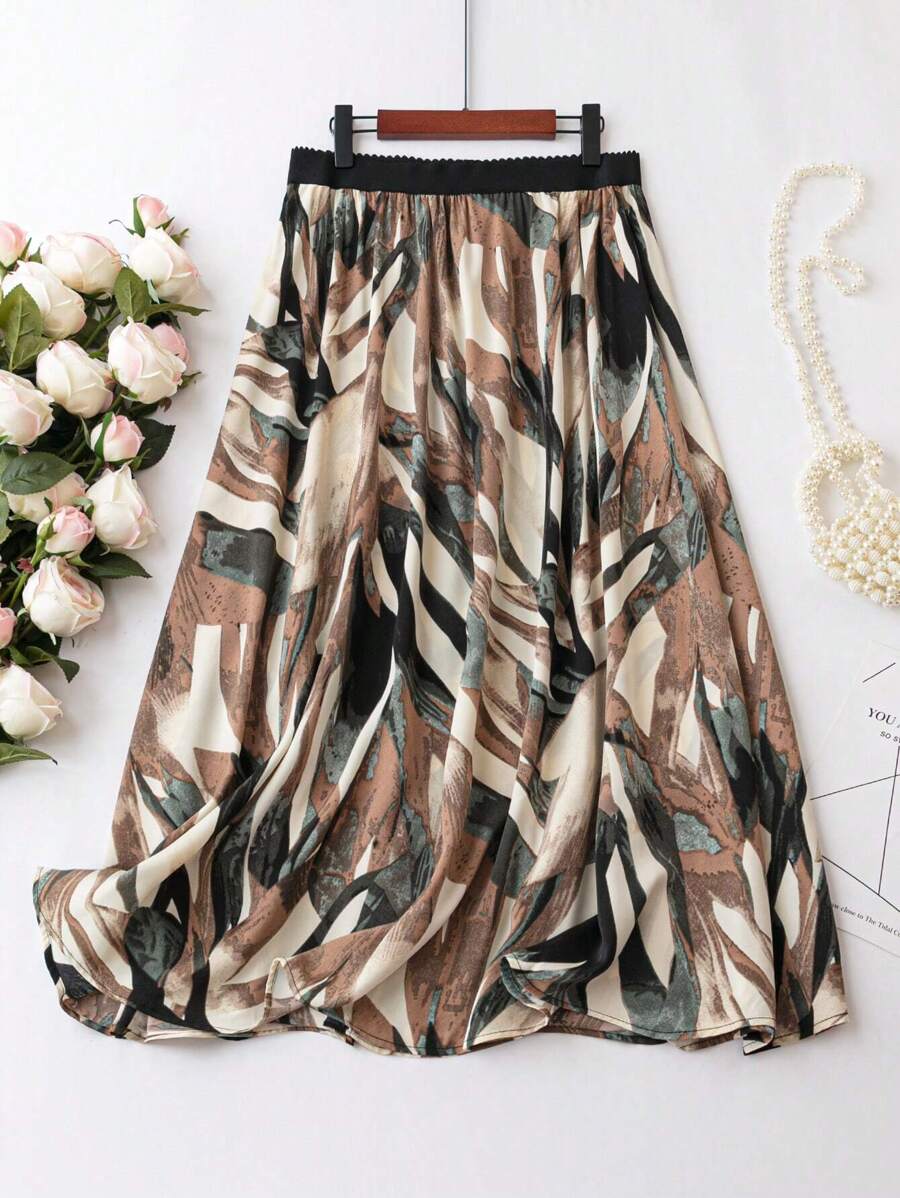 SHEIN LUNE Plus Allover Print Elastic Waist Skirt - Multicolor - View 1