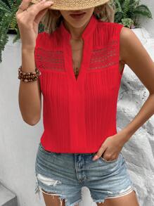 SHEIN LUNE 蕾絲拼接四分之一無紐扣開襟無袖襯衫 - 紅色 - 查看 5