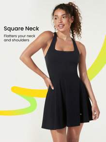 GLOWMODE Softflux Vestido Mini Deportivo Sólido Con Cintura Curva, Espalda Entrecruzada Descubierta Y Pantalones Cortos Incluidos