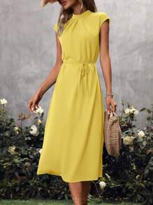 Chiquease Solid Belted A-line Dress - Yellow - View 3