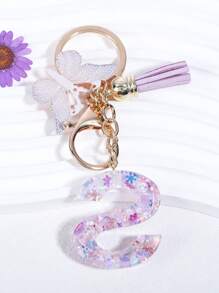 蝴蝶和字母吊飾鑰匙扣，適合禮品、皮夾、書包、背包和挎包 - 紫色 - 查看 2