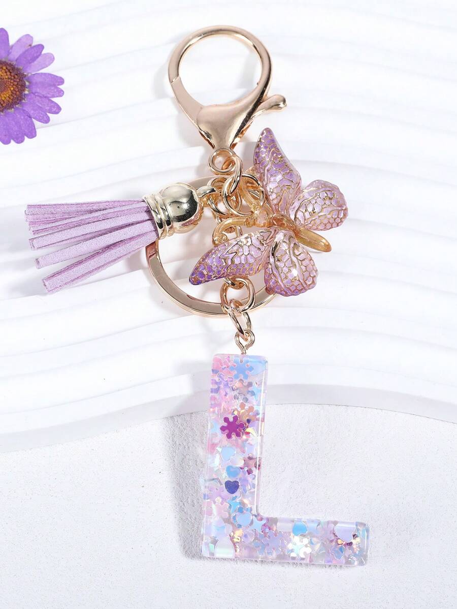 蝴蝶和流蘇墜飾鑰匙圈 - 紫色 - 查看 1