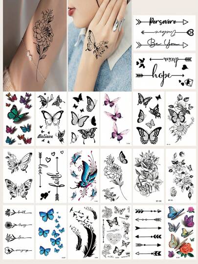 20 張多色蝴蝶、花朵、線條、羽毛、心形、箭頭防水防汗臨時紋身貼紙