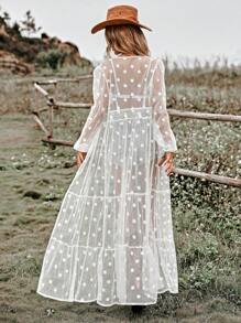 波點網紗荷葉邊薄透和服罩衫 - 白色 - 查看 2