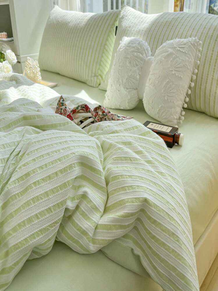 セット ストライプ プリント羽毛布団カバー セットなしフィラー, モダンなポリエステル寝具セット家庭用 - ミントグリーン - 見る 6