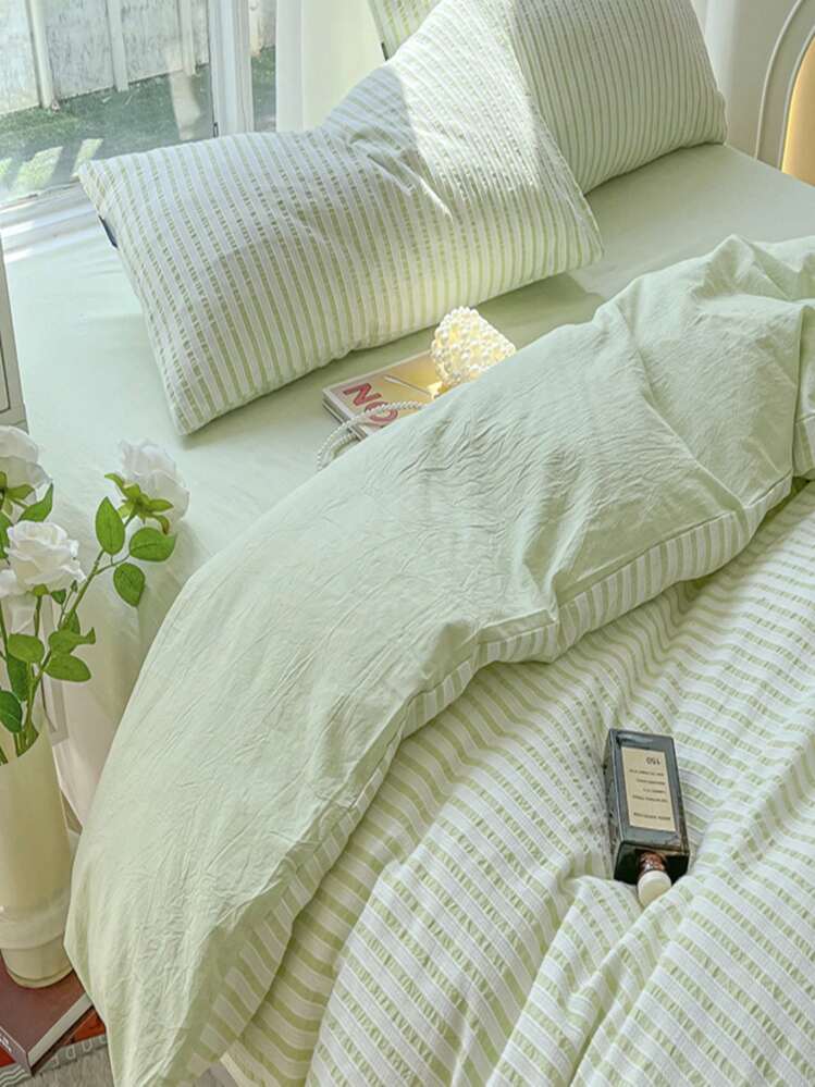 セット ストライプ プリント羽毛布団カバー セットなしフィラー, モダンなポリエステル寝具セット家庭用 - ミントグリーン - 見る 5