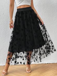SHEIN Privé 花卉圖案網紗覆蓋半身裙 - 黑色 - 查看 1