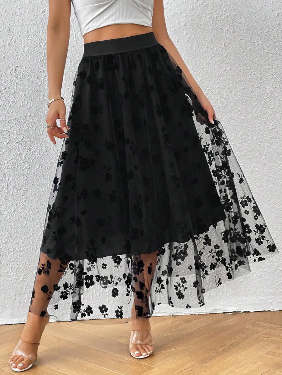 SHEIN Privé 花卉圖案網紗覆蓋半身裙 - 黑色 - 查看 1