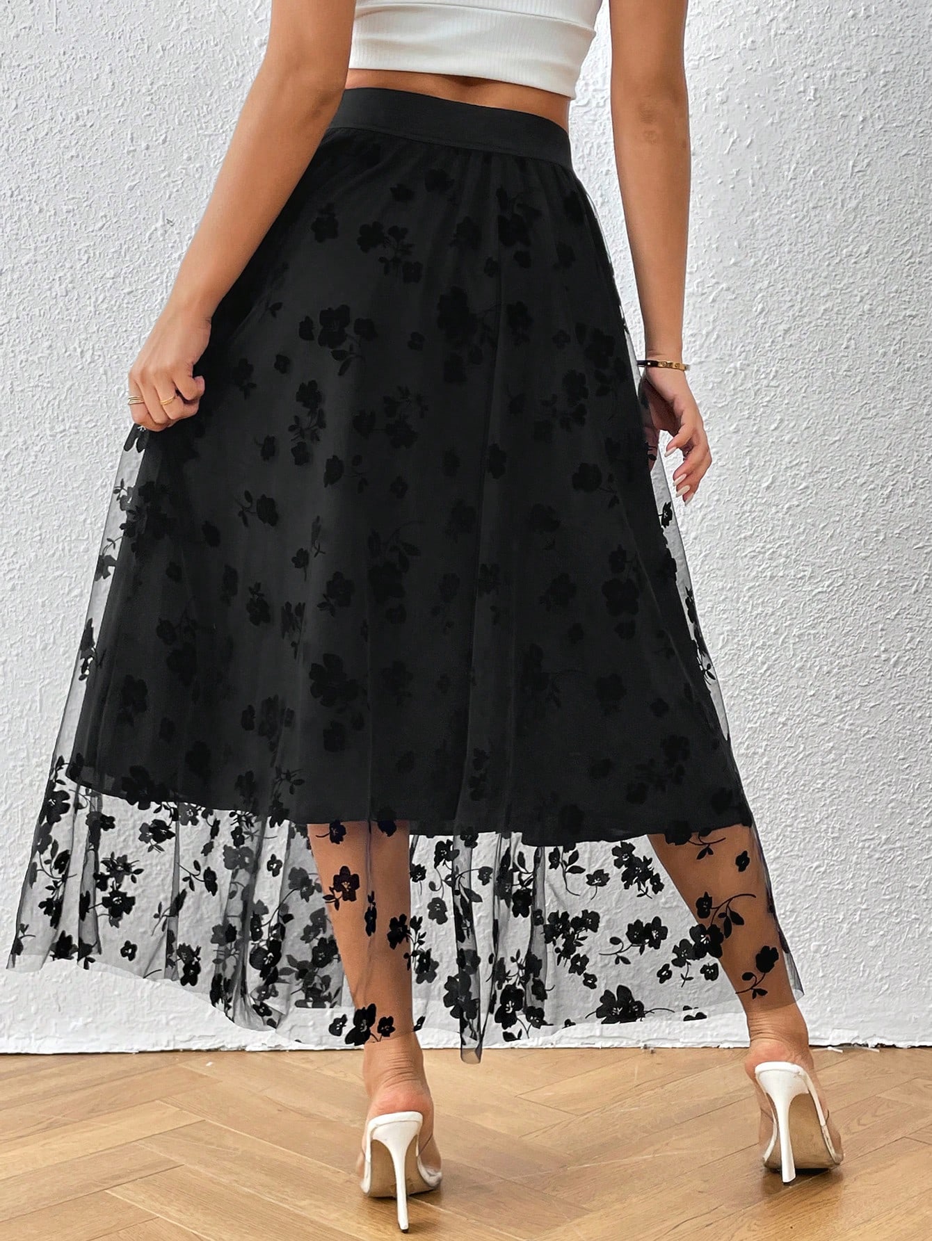 SHEIN Privé Floral Mesh Overlay Skirt SHEIN USA
