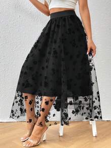 SHEIN Privé 花卉圖案網紗覆蓋半身裙 - 黑色 - 查看 5