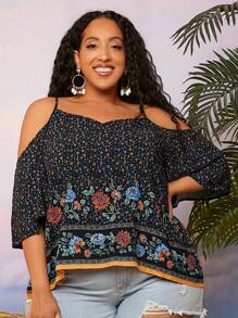 SHEIN CURVE+ Plus Floral Print Cold Shoulder Blouse - Multicolor - View 1