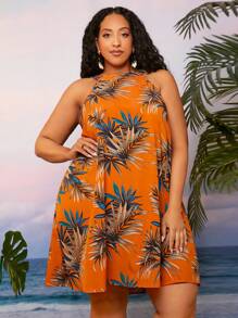 SHEIN CURVE+ Plus Tropical Print Halter Neck Dress - Multicolor - View 2