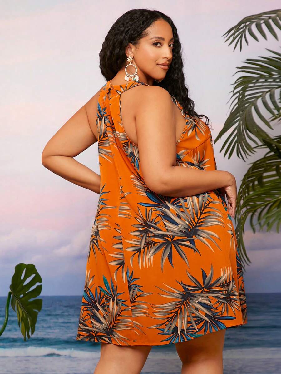 SHEIN CURVE+ Plus Tropical Print Halter Neck Dress - Multicolor - View 1
