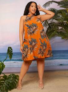 SHEIN CURVE+ Plus Tropical Print Halter Neck Dress - Multicolor - View 6