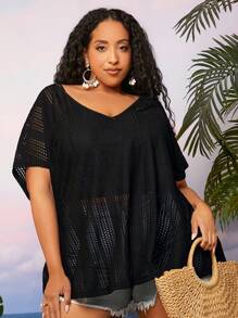 SHEIN CURVE+ áo nữ kích thước lớn cắt màu trơn Giải trí - màu đen - Xem 1