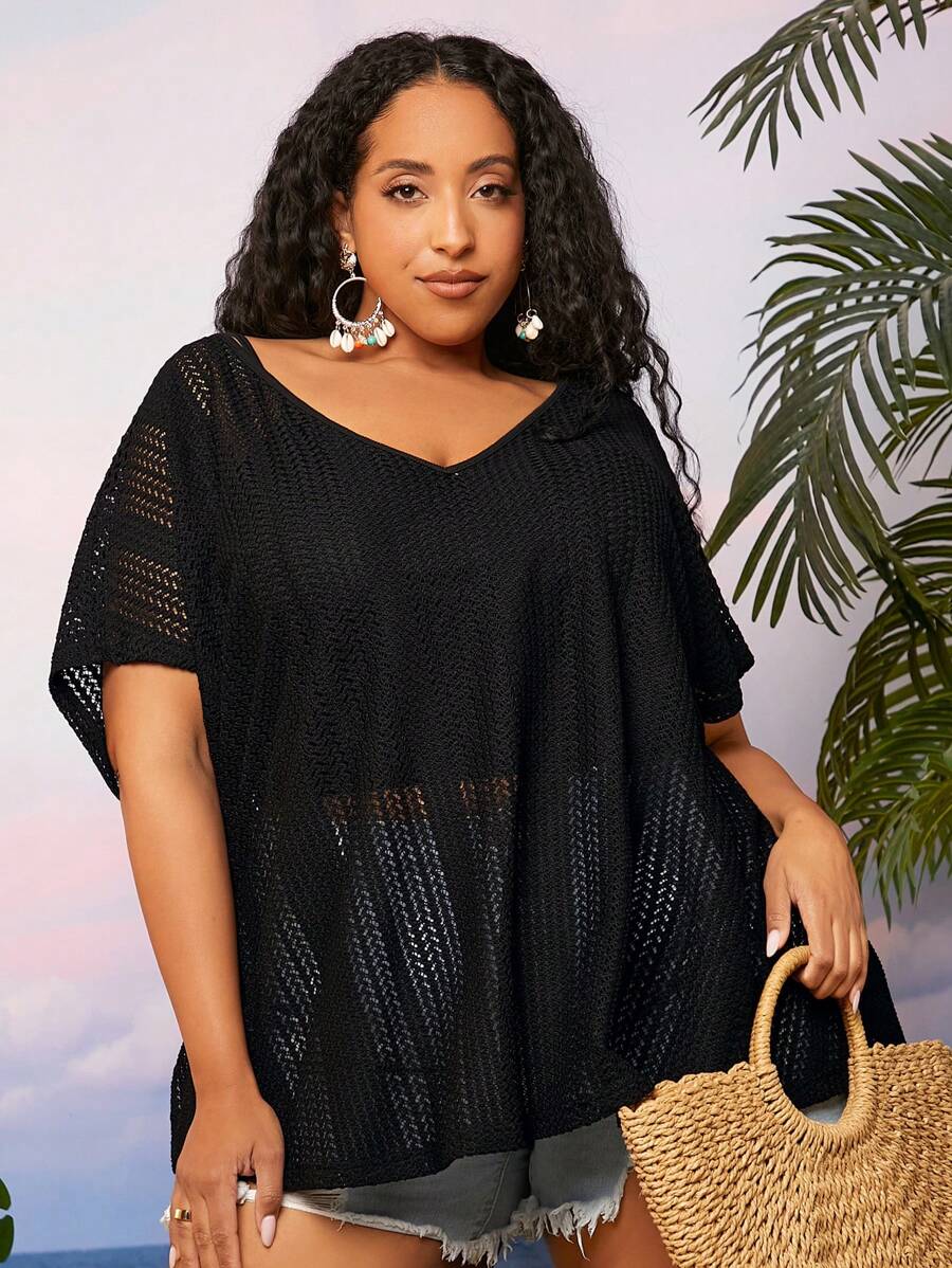 SHEIN CURVE+ áo nữ kích thước lớn cắt màu trơn Giải trí - màu đen - Xem 1