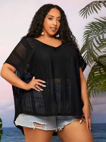 SHEIN CURVE+ áo nữ kích thước lớn cắt màu trơn Giải trí - màu đen - Xem 5
