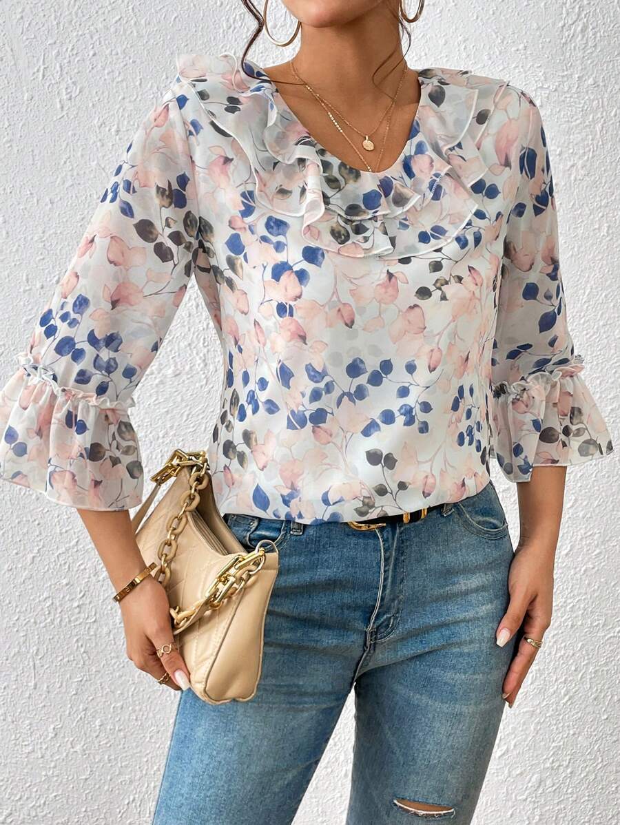 SHEIN Privé Blusa con estampado floral ribete con fruncido de manga con volante - Multicolor - Ver 1