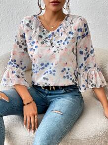 SHEIN Privé Blusa con estampado floral ribete con fruncido de manga con volante - Multicolor - Ver 3