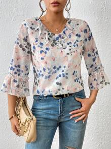 SHEIN Privé Blusa con estampado floral ribete con fruncido de manga con volante - Multicolor - Ver 6