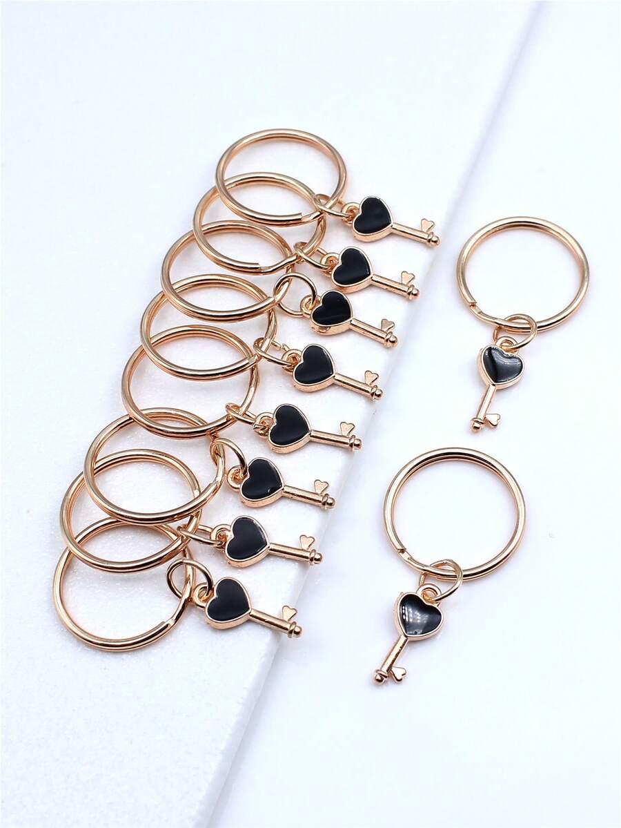10pcs Enamel Heart Key Charms Pendant Keychains - Black - View 1