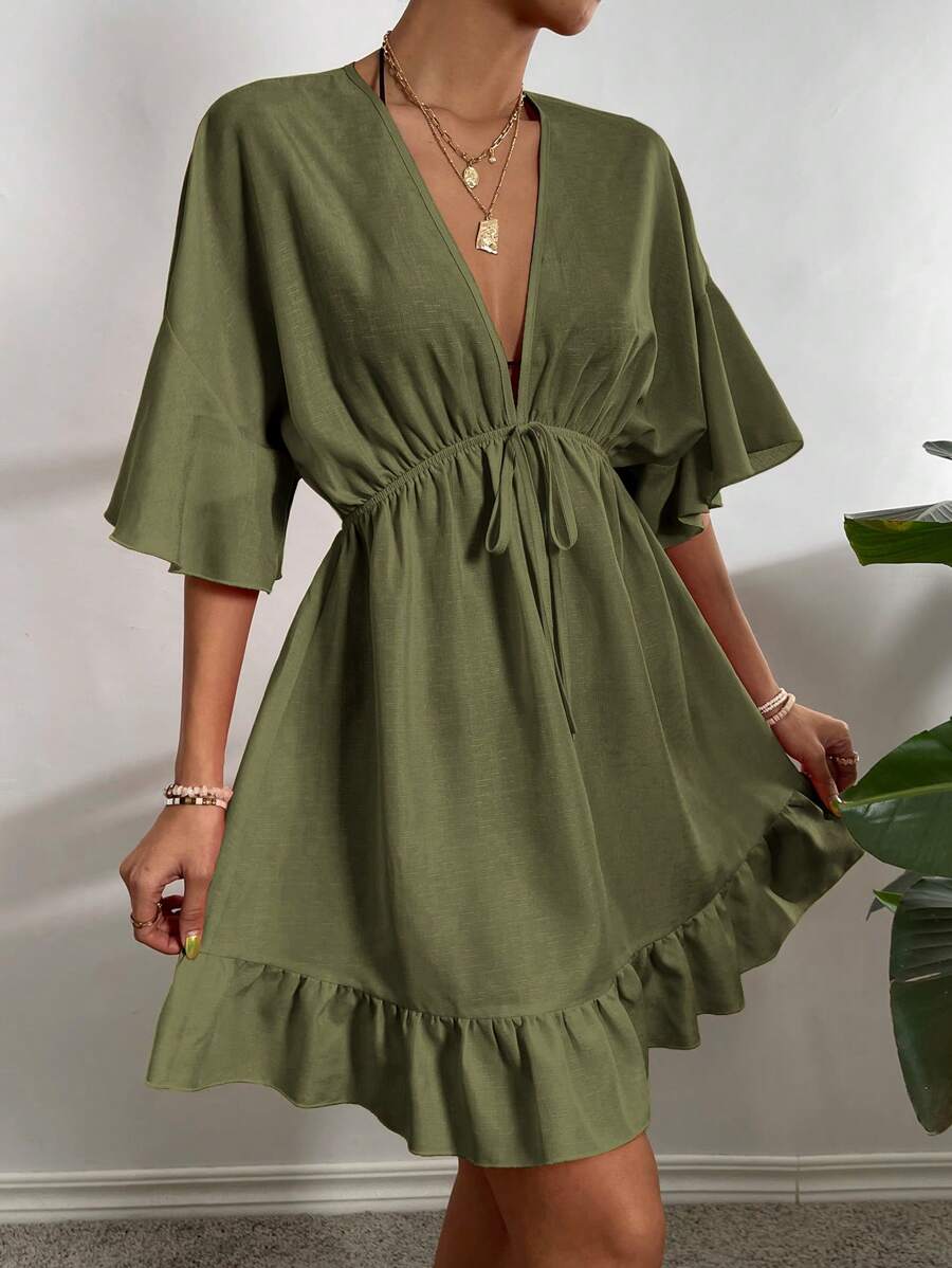 Breezaya Solid Tie Front Ruffle Hem Cover Up,Summer Beach - Army Green - View 1