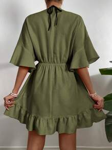 Breezaya Solid Tie Front Ruffle Hem Cover Up,Summer Beach - Army Green - View 2