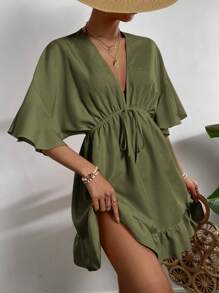 Breezaya Solid Tie Front Ruffle Hem Cover Up,Summer Beach - Army Green - View 4