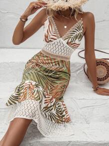 Breezaya Summer V-Neck Contrast Lace  Vacation Spaghetti Strap Dress - Multicolor - View 3