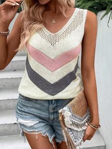 SHEIN LUNE Chevron Pattern Pointelle Knit Sweater Vest
